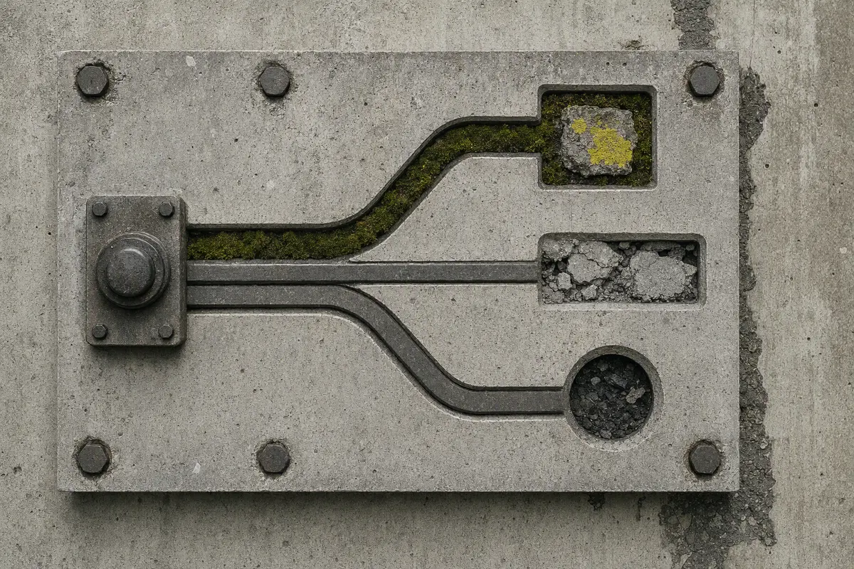 A concrete switching plate splits one data route into moss, rubble, and dark aggregate paths.